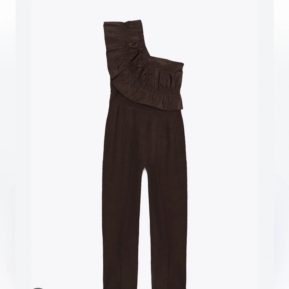 Zara NWT brown asymmetrical linen blend ruffle jumpsuit 8460/501 - Picture 3 of 7